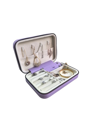 Özer Kutu Fermuarlı Deri Ahşap Kasalı Büyük Boy Takı Seyahat Ve Mücevher Çantası Kutusu Lila 14 x 21