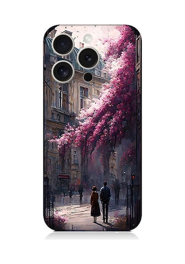 Apple Uyumlu iPhone 15 Pro Max Çiçekli Sokak Desenli Silikon Kılıf Silikon