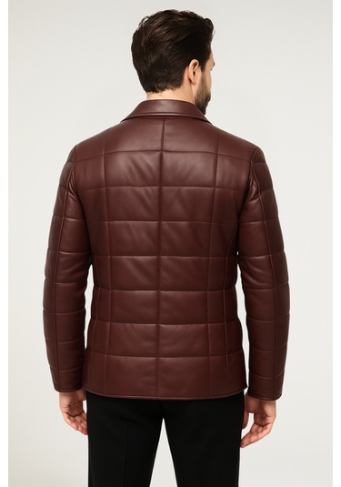 Derije Silva Hakiki Deri Erkek Tafta Bordo Şişme Blazer Ceket