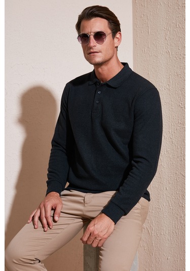 Buratti Pamuk Karışımlı Regular Fit Erkek Polo Yaka Kazak 456223 Antrasit