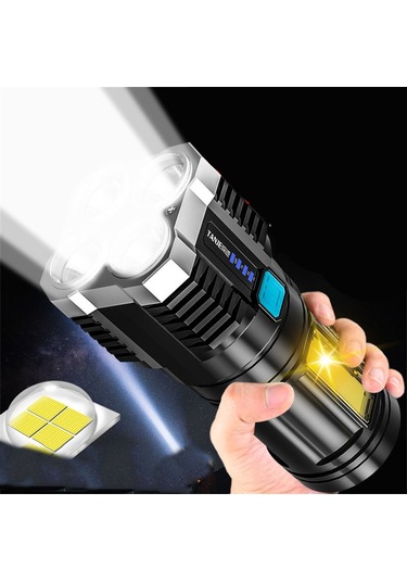 Yfashion Dört Çekirdekli El Feneri Güçlü Işık Şarj Edilebilir Süper Parlak Dış Mekan Çok Fonksiyonlu Led Uzun Menzilli Işık Siyah