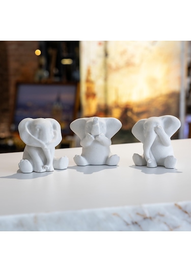 3 Lü Görmedim-duymadım-bilmiyorum Mermerit Fil Biblo - Beyaz-11958