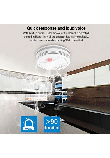Jeemson Wifi Duman Alarmı, Tuya Uygulaması Bildirimi, 90db Sesli Alarm, 360 Algılama, 9v Pil Dahil Beyaz
