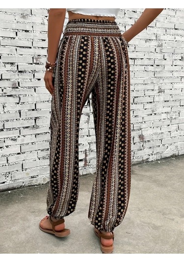 Simala Kadın Yüksek Bel Etnik Desenli Geniş Dökümlü Bürümcük Pantolon Çok Renkli