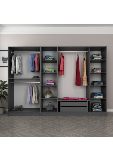 Minar Kale 6 Bölmeli 2 Çekmeceli Giyinme Dolabı Antrasit 190cm