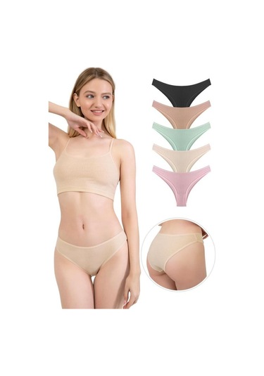 Kadın Pamuklu Ve Likralı Fitilli Kaşkorse Brezilya Külot 5'li Paket Çok Renkli 1 Çok Renkli