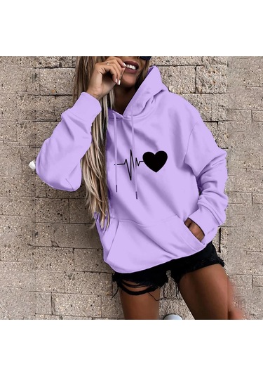 Mor Fo Kadın Moda Rahat Eğlenceli Baskı Kapşonlu Kazak Gevşek Spor Üstleri Kazak Mor