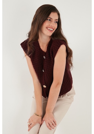 Lela Premium Oversize Fit Bisiklet Yaka Düğmeli Örgü Bayan Yelek 680Yl1416 Bordo