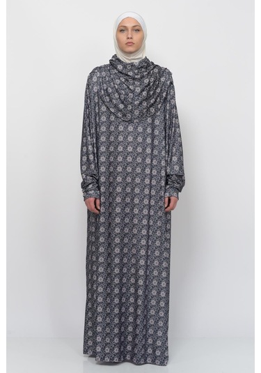 Pratik Tek Parça Güneş Desenli Kollu Tak Çıkar Başörtülü Likralı Tesettür Namaz Elbisesi 990-0302 Siyah