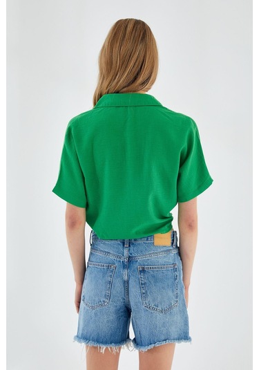 4230 Kadın Bağlamalı Yazlık Keten Gömlek Yeşil Yeşil