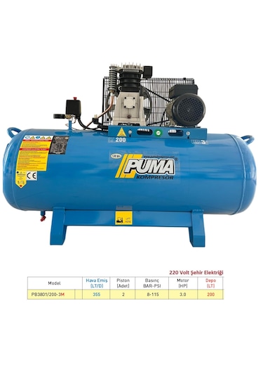Puma Power 200 L 3 HP 8 Bar 220 V Alüminyum Kafa 2 Pistonlu Kompresör