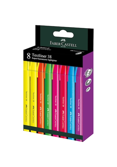 Faber-Castell Fosforlu Kalem 38 Neon 8'li Set,Canlı Renkler, Su Bazlı Mürekkep, Ergonomik Tasarım Çok Renkli