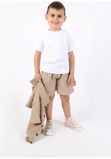 Aden Kids Erkek Çocuk Gömlek+sweatshirt Ve Cepli Şort Alt Üst Takım Bej