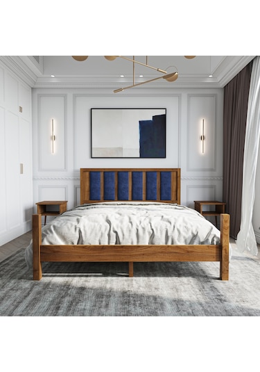 Orion Model Lacivert Renk Puflu Başlıklı Ceviz Renk Çam Ahşap Karyola Ve İki Komodin Set-230 160 x 200 CM