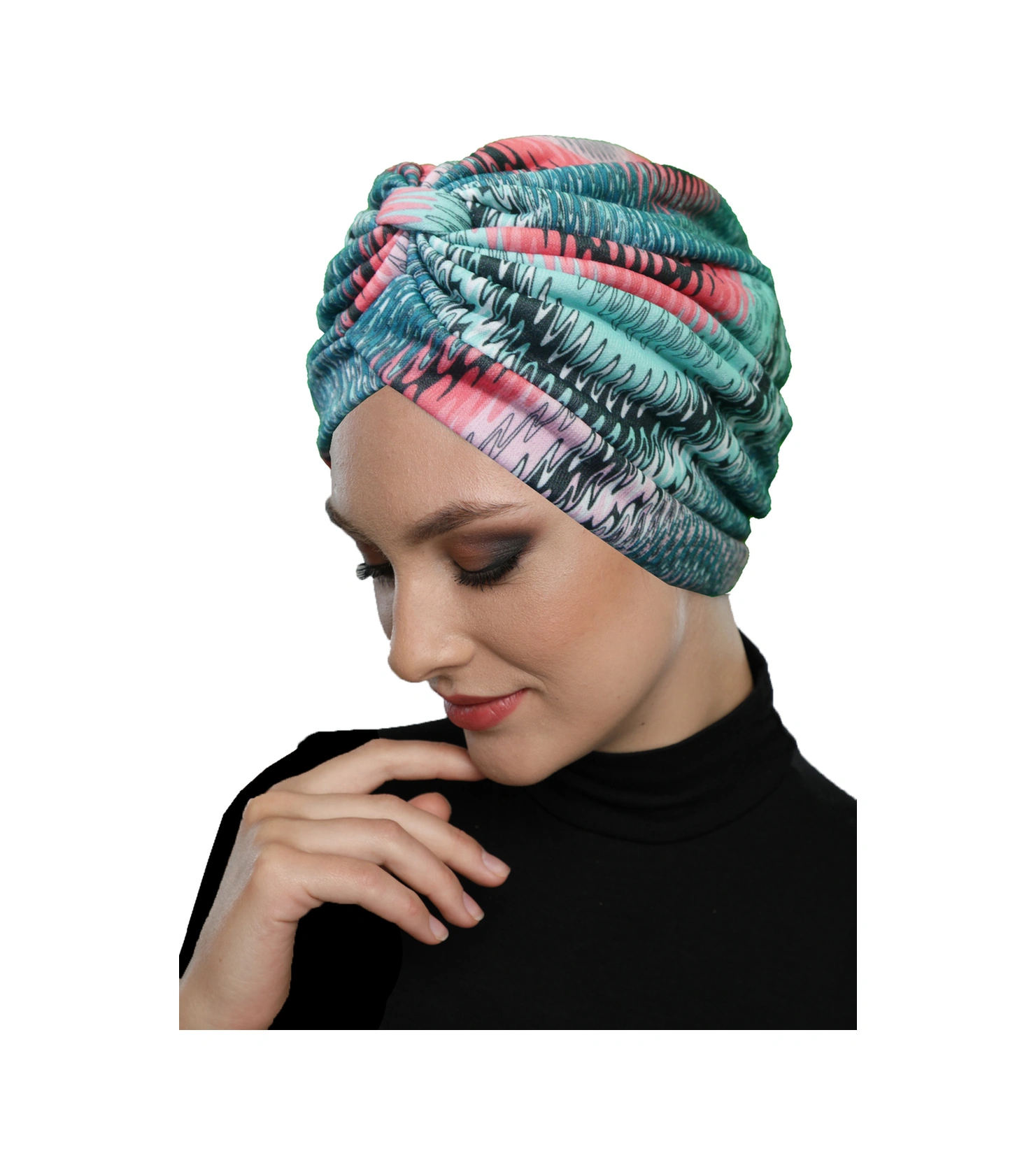 Mavera Model Renkli Desenli Çapraz Ve Bant Detaylı Astarlı Hazır Türban Tesettür Havuz Bonesi Yeşil