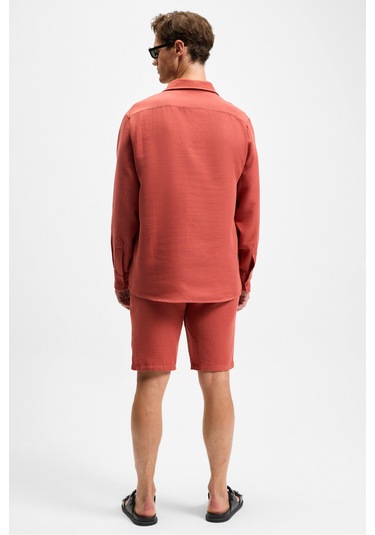 Raımo Erkek %100 Pamuklu Müslin Kumaş Manşetli Uzun Kol Comfort Fit Kiremit Rengi Gömlek