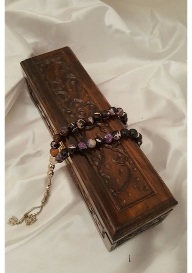 Rahan Akik Tesbih Tespih Akik Doğal Taş Tesbih Gümüş İmameli Ahşap Kutulu 10 Mm Akik Mavi Beyaz Çok Renkli