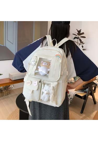 Suofeng Siyah Nilon Çift Askılı Çanta - Büyük Kapasite, Çoklu Cep Ve Şeffaf Pencere + Figür, Roz Bebek Ve 4 Adet Badge Hediyeli - Öğrencilere Ve Sevimli Stilleri Sevenlere Uygun Siyah