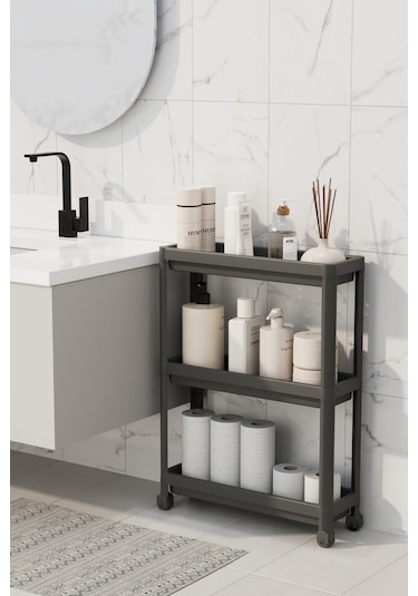 Mithra Life 3 Katlı Tekerlekli Slim İnce Siyah Banyo Mutfak Rafı Mıt1126 Siyah