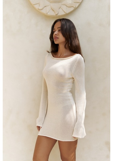Mai Collection Mai Studios Co. Lenthe Kayık Yaka Bej Mini Triko Elbise Bej