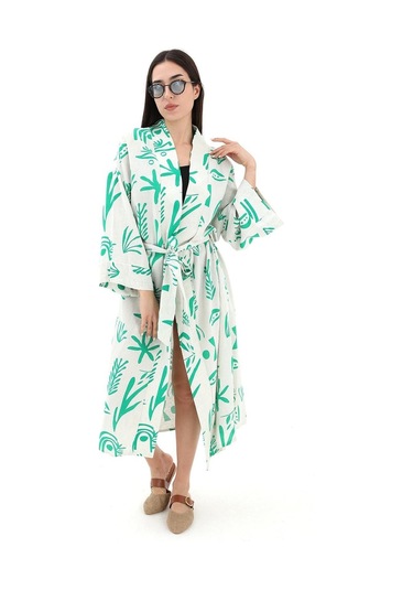 Baskılı Keten Kimono - Yeşil-yeşil Yeşil