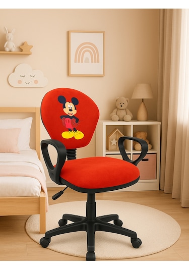 Mickey Mouse Baskılı Turuncu Çocuk Çalışma Sandalyesi Tekerlekli Sandalye, Yükseklik Ayarlı Koltuk Turuncu
