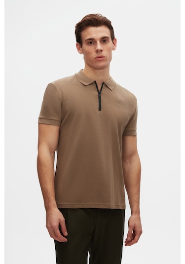 Twn Slim Fit Vizon Pike Dokulu Yarım Fermuarlı Polo Yaka T-shirt 4ec14ortfrplo Vizon