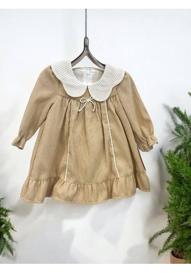 Cantoy Kız Bebek Bebe Yaka Fitilli Kadife Elbise-15068 Camel