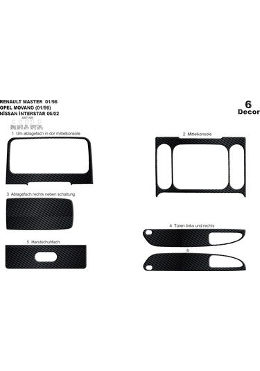 Renault Master Movano İnterstar Konsol-torpido Kaplama 1999-2003 6 Parça-siyah Karbon Seçenek