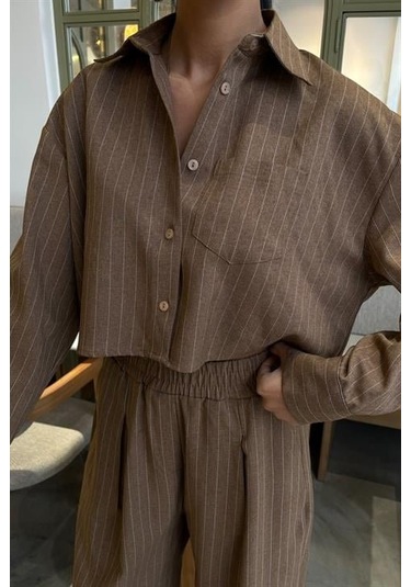 Crop Gömlekli Çizgili Takım 10080 Kahverengi