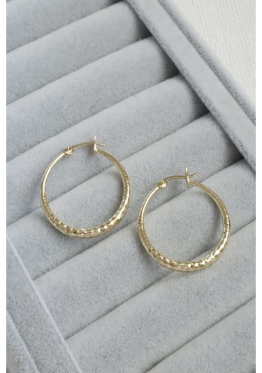 Kadın Küpe Kararmaz 14k Renk Vip Seri Hafif Dokulu 3cm Halka Küpe Altın