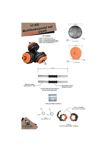 Ecgspor Multifonksiyonel Halter ve Dambıl Seti Siyah - Turuncu 17 KG