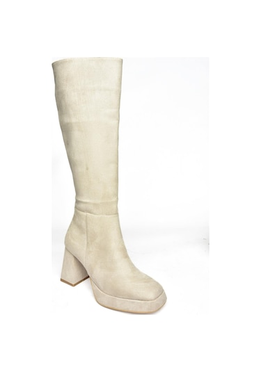 Fox Shoes R282230102 Bej Süet Kalın Topuklu Kadın Çizme Bej