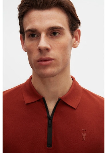 Twn Slim Fit Kiremit Pike Dokulu Yarım Fermuarlı Polo Yaka T-shirt 4ec14ortfrplo KIREMIT