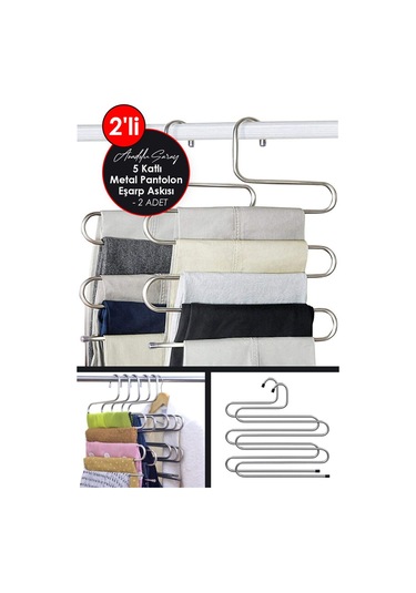2 Adet Pratik Dolap Içi 5 Kat Katlı Pantolon Eşarp Şal Askısı 2'li 5 Katlı Pantolon Eşarp Askısı Diğer
