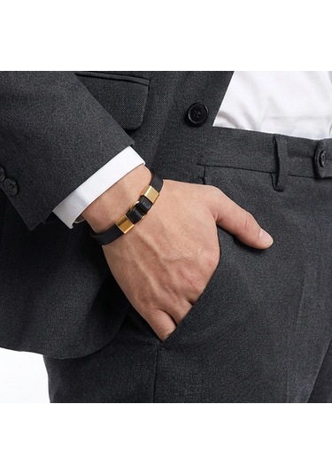 Moncuk Design Erkek Sarı Çelik Ve Siyah Deri Bileklik 33514b4d2 Çok Renkli