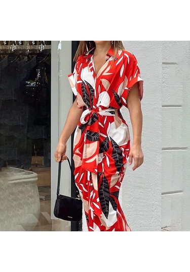 İlkbahar Yaz Kadın Elbise Baskılı Yaka Kısa Kollu Yüksek Bel Uzun Gömlek Elbiseler Kırmızı