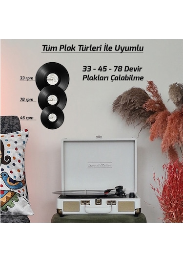 Record Master ST14012 Retro Şarjlı Bluetooth Pikap Kum Beyazı