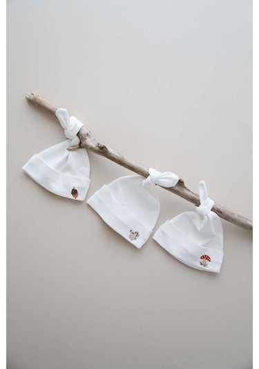 3lü Yenidoğan Nakışlı Şapka Model 1 Beyaz