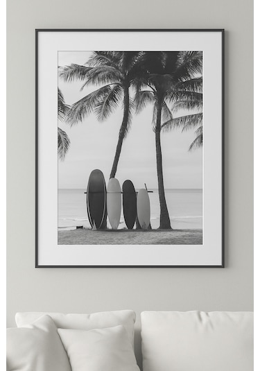Surfboard Beach - Gerçek Cama Baskı Siyah Alüminyum Metal Çerçeveli Tekli Modern Tablo