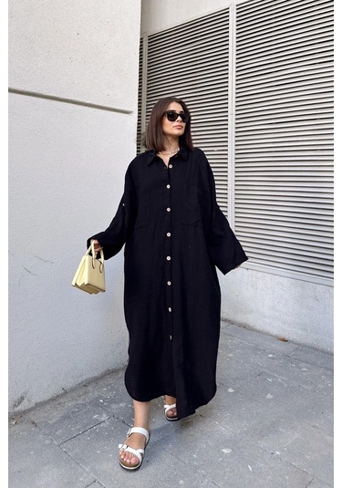 Kadın Siyah Muslin Kumaş, Yarasa Kol, Eteği Oval, Çift Cepli, Uzun Oversize Salaş Gömlek Elbise Siyah