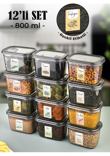 Vienev Renkli Etiketli 12li Peggy Dikdörtgen Baharatlık Seti 800 Ml Antrasit Şeffaf