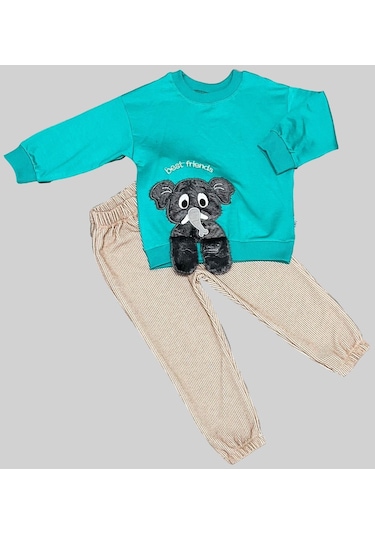 1-2-3 Yaş Filli Sallanan Ayak Desenli Likra Penye Kumaş Sweat Pantolonlu Kız Erkek 2li Çocuk Takımı Mint Yeşili