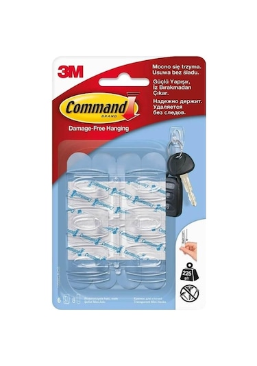 3m Command 17006clr-cee Mini Boy Şeffaf Askı, Max 225 Gr 6 Askı + 8 Küçük Boy Cırt Bant