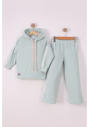 Monox Kız Çocuk Çiçek Baskılı İpli Şeritli Pantolon Fitilli Polar Takım Yeşil