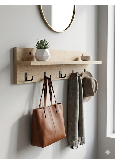 90 Cm 5 Kancalı Ahsap Renk Duvara Monte Askılık Bal Meşe