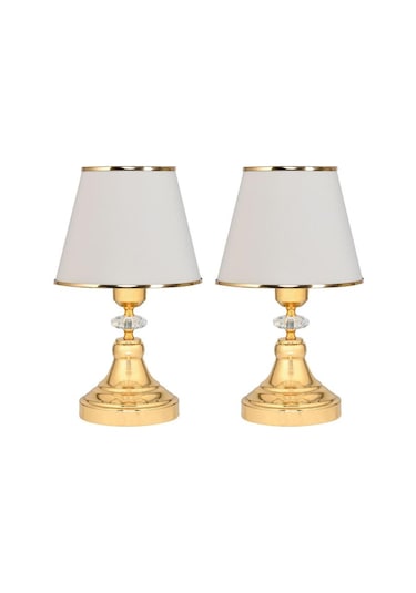 Art Deco Tarz Kristal Taş Süslü Metal Ayak Ve Gold Şeritli Krem Başlık 2'li Abajur Seti İki Adet Krem