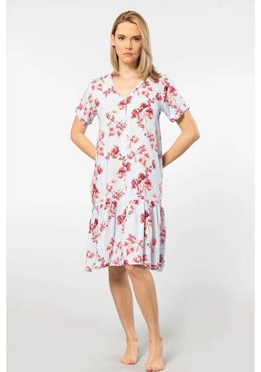 Türen 3603 Kadın Kısa Kollu Dokuma V Yaka Önden Düğmeli Elbise-mavi Mavi