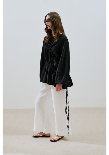 Büzgü Bağlamalı Dokulu Tunik Siyah Siyah