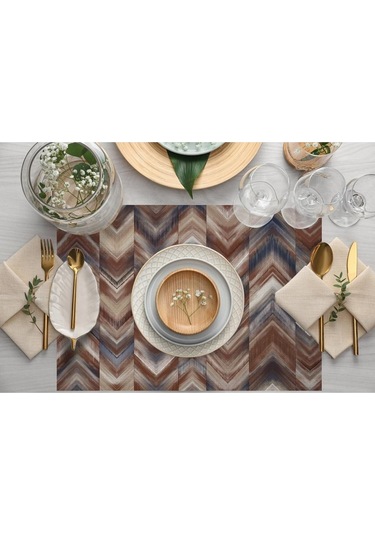 Kahverengi Geometrik Kumaş Amerikan Servis 4'lü Set Keten, Ulusl.yıkama Ve Solmama Sertifikası Çok Renkli